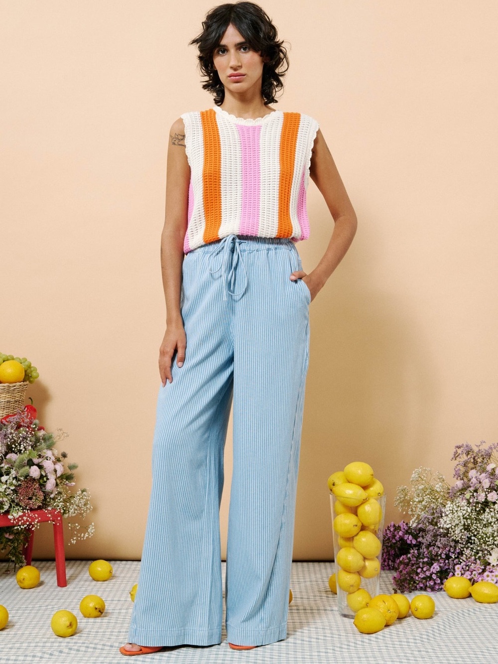 FRNCH PARIS High Rise Pull On Stripe Pants Size Large